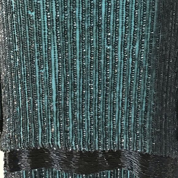 Cocktail Dress Blouson Black/Green Embellished Open Back Boat Neck Mini Medium - Picture 6 of 10